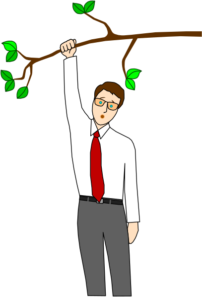 The illustration shows a man holding onto an uprooted tree branch with leaves on it while standing next to what appears to be a window in darkness; he is wearing glasses, has short hair, wears red tie and white shirt under suit jacket, pants appear dark gray or black, no visible shoes.