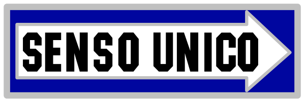 The image shows a blue street sign with white text that reads "SENSO UNICO" pointing to the right in Italian, indicating it's an only one way road.