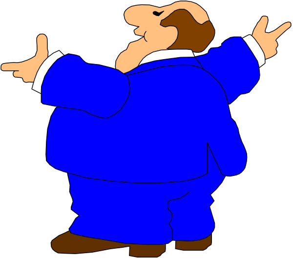 The cartoon shows a man dressed as an overweight businessman with his arms outstretched to either side of him in front of what appears to be a black background.