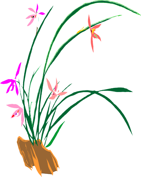 The picture shows a bouquet of colorful flowers with green leaves inside an orange vase on top of what appears to be a black surface in front of a white wall.