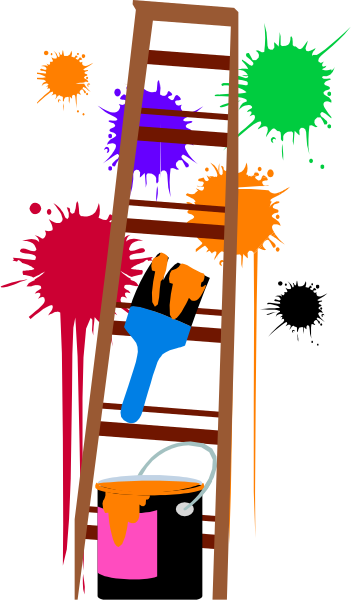 The image shows a paintbrush with red paint on it next to an open can of white paint that has been knocked over onto its side; there is also fake blood splattered around them both in what appears to be a cartoonish, exaggerated style typical for clip-art illustrations.
