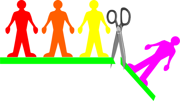 The image shows a colorful cartoon of five stick figures standing on either side of an imaginary line with scissors in their hands; one figure is falling off from the right to the left across this divide, and there's another pair of scissors lying idle atop it.