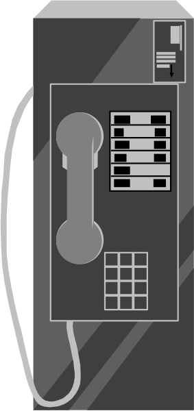 The image shows a stylized illustration of an old payphone with buttons on its side against a dark background.