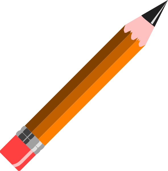 The image shows a pencil with an eraser on top of it next to two different colored pens: pink and orange.