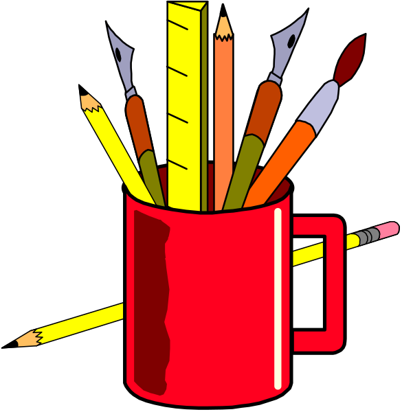 The illustration shows a red mug filled with various colored pencils on top of it, placed against a black background.