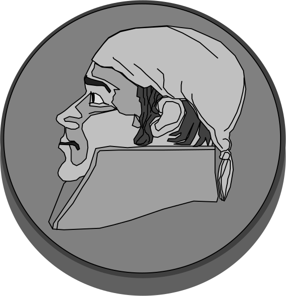 The image shows a black and white illustration of two circular badges with portraits on them against different backgrounds: one is set in darkness while the other has light-colored backdrop.