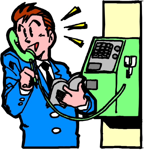 The cartoon shows a man dressed as an airline pilot holding onto his phone while standing next to a payphone with its receiver lifted up in hand; he is wearing blue clothing and has red hair.
