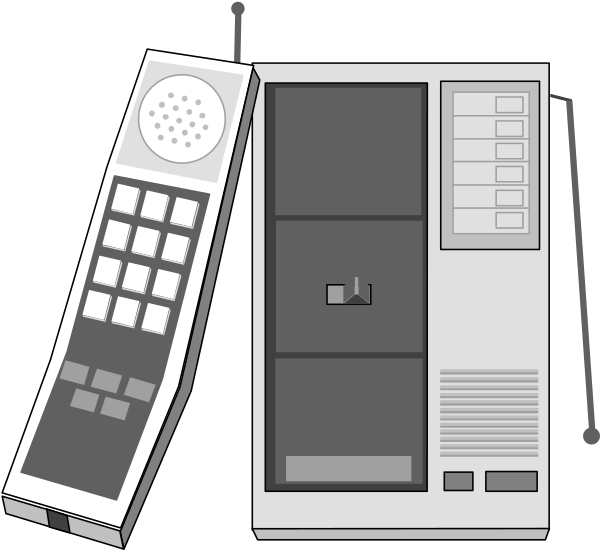 The illustration shows a white phone with buttons on it next to an open laptop computer that has its screen facing upwards in front of two closed laptops lying side by side horizontally.