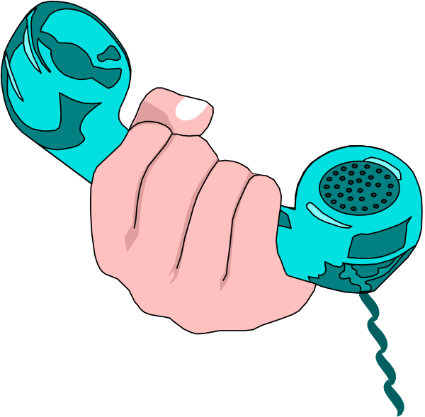The image shows a cartoon depiction of two hands holding an old rotary dial telephone with blue coloring on its body against a black background.