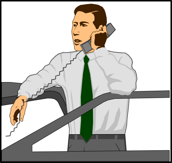 The illustration depicts a man sitting at an office desk with his feet up on another chair while talking on two phones simultaneously; he is wearing a green tie over a white shirt under fluorescent lighting in what appears to be an indoor setting, possibly during work hours given by the attire and posture.