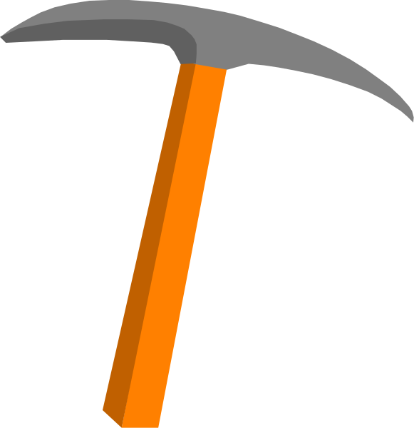 The image shows a pickaxe with an orange handle on its left side against a black background.