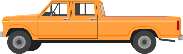 The image shows a large orange truck with an open bed parked on top of what appears to be snowy ground next to some trees in winter attire.