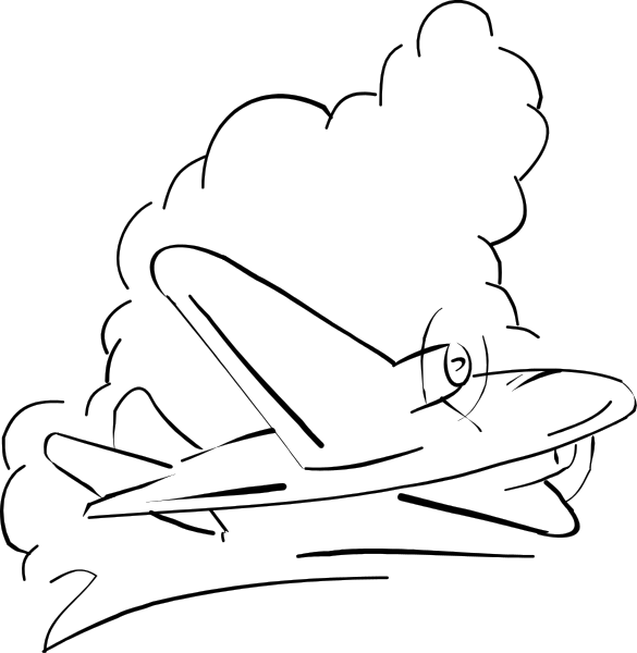 The image shows a cartoon airplane with two propellers flying through an overcast sky against a dark background.