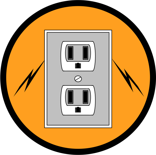 The image shows a black and white illustration of an electrical outlet with two sockets on either side connected by orange wires to form a circle around it; there is also lightning bolt imagery in red, yellow, blue, green, purple, pink, brown, gray, and beige.