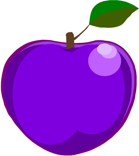 The image shows a purple apple with an attached leaf on its stem against a black background.