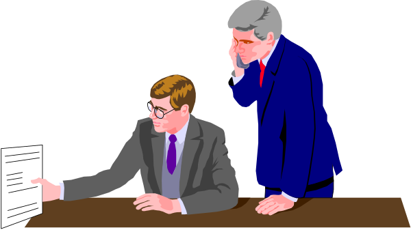 The image shows a cartoon of two men at an office desk with papers on it; both have sunglasses over their eyes, one is standing while pointing to something off-screen, wearing a suit jacket without sleeves and holding up his hand as if gesturing or explaining, the other man sits behind him looking downward.