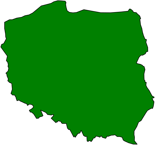 The image shows a stylized map of Poland with its borders outlined by black lines against a white background; it is colored in green to represent land areas while water bodies remain uncolored.