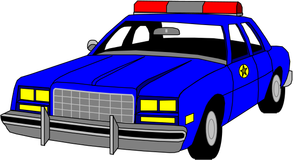 The image shows a blue police car with yellow lights parked on an unseen street next to another vehicle that is partially visible at its side; there's no text present in this clip-art illustration.