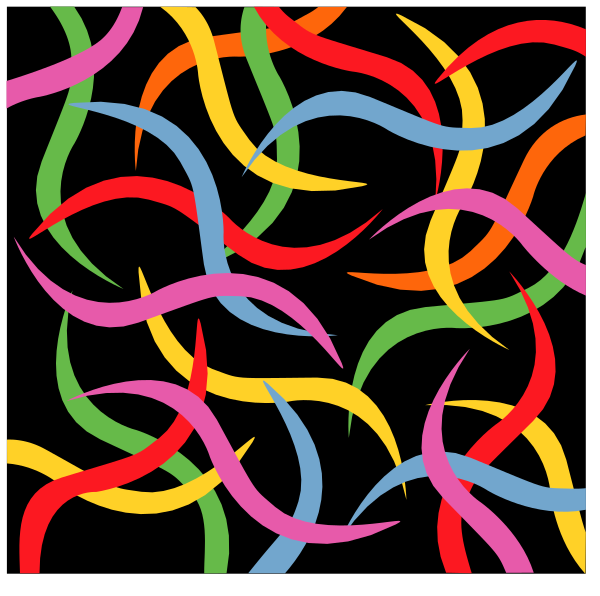 The image shows a black background with colorful abstract shapes that resemble swirls of different sizes forming an intricate pattern across it.