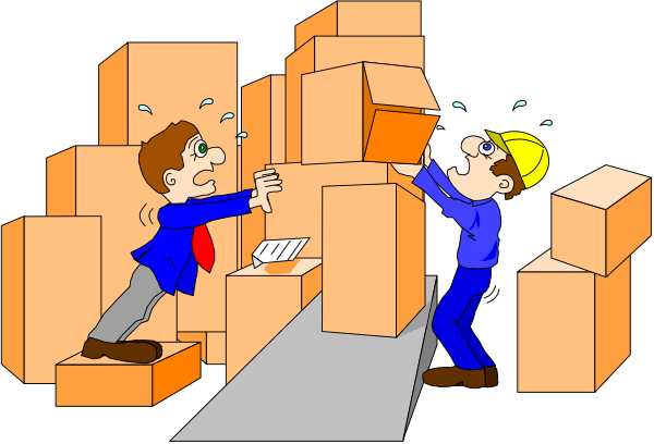 The illustration shows two men moving boxes; a man on top of some cardboard boxes is looking down at another who appears to be in distress while being pushed by an unseen force towards more boxes labeled "FRAGILE."
