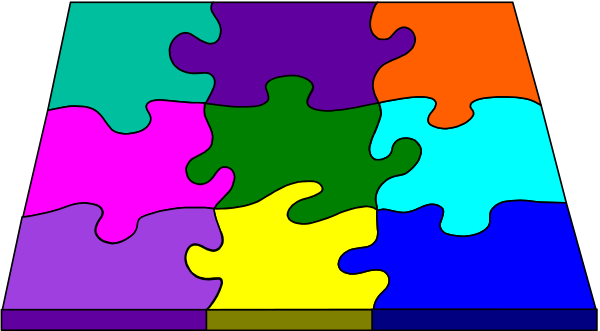 The image shows a colorful jigsaw puzzle with various pieces missing from it against a grey background.