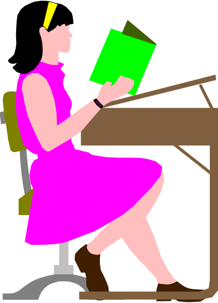 The illustration shows a woman sitting at an office desk with her feet up on another chair; she is reading from what appears to be a book in front of her while wearing glasses over one eye.