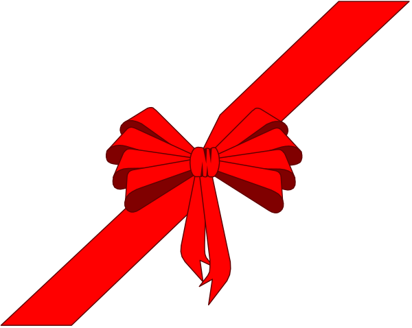 The image shows a red ribbon with two black bows on either end against a dark background that has horizontal stripes of alternating light gray and white bands at its bottom edge.