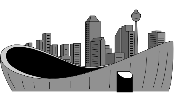 The black and white silhouette of a city skyline with buildings against an evening backdrop featuring what appears to be a crescent moon in the distance above a body of water.