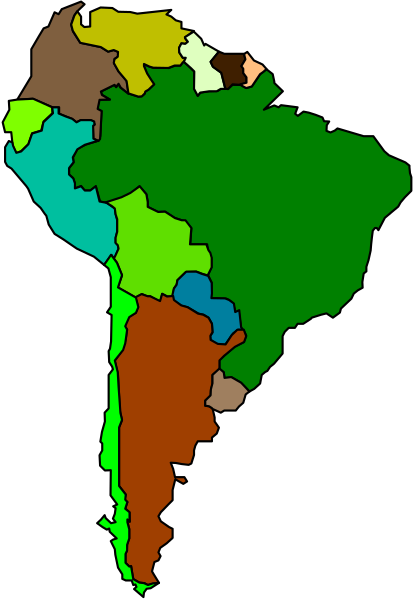 The map shows a stylized representation of South America with country names labeled on it; each region is outlined by different colored borders to represent various countries within that continent.