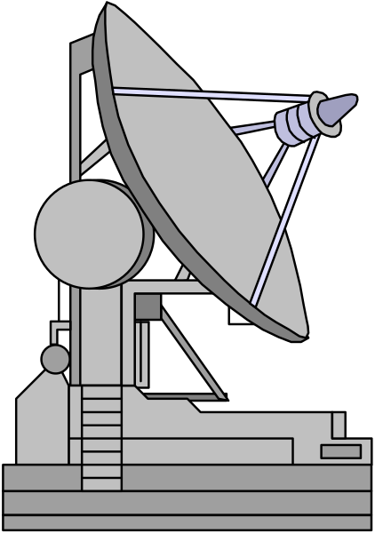 The black and white illustration shows a satellite dish on top of an elevated platform with steps leading up to it; below is a control room housing various equipment including screens and buttons.