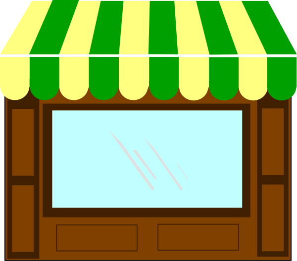 The image shows a cartoon depiction of an outdoor market stall with a green canopy roof supported by two poles on either side, featuring yellow stripes along its length; there is no visible text in this clip-art illustration.