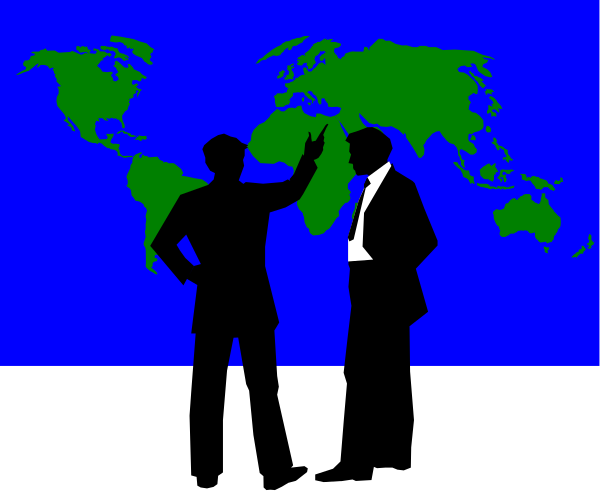 The image shows a man standing on stage with his hand raised to point at another person who is gesturing towards him while both individuals appear in silhouette against an illustrated background of Earth from space.