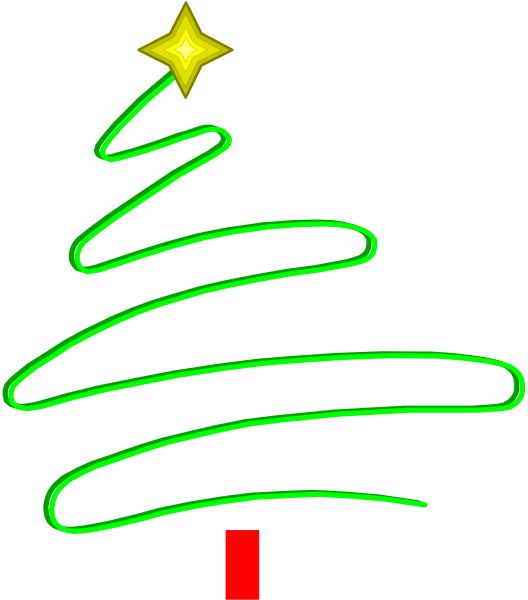 The image shows a Christmas tree with green branches against a black background on top of which is drawn a red star at its peak; below it appears to be an abstract representation in white lines that resembles snow, and there's also what looks like a small figure or object colored pink near the bottom.
