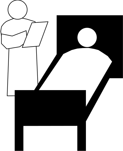 The black and white silhouette of a person sitting at an open laptop with another figure standing behind them holding papers.