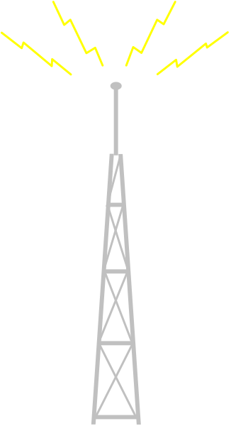 The image shows a black and white photo of an electrical tower with multiple antennas against a dark sky background.