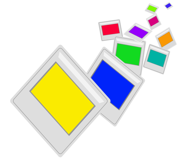 The image shows a collection of colorful squares with different shapes on them against a black background; there is no text present in this clip-art illustration.
