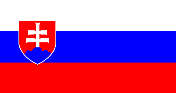 The flag of Slovakia with a coat of arms on it displayed against a red stripe background.