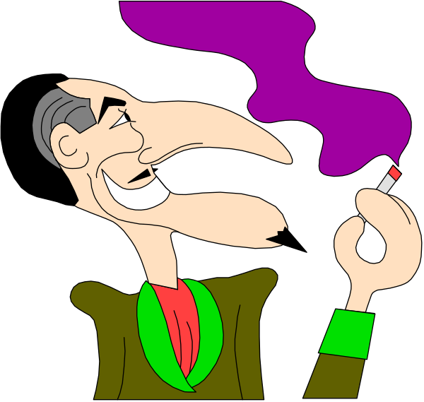 The cartoon shows a man with an exaggeratedly large nose smoking from his right nostril while holding a cigarette to his lips in one hand; he has purple smoke coming out of it. He is wearing glasses and appears surprised, as indicated by wide eyes looking upwards towards something off-frame.