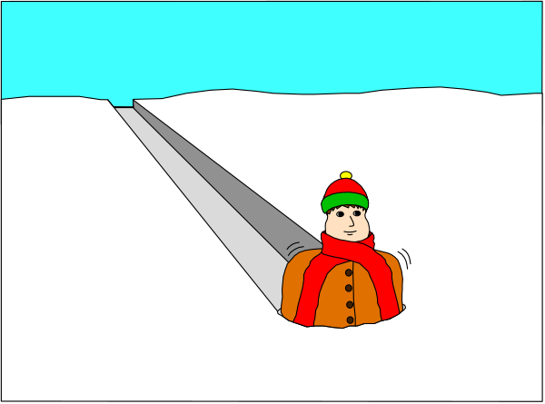 The image shows a cartoon of an animated character standing on snowy ground with mountains behind them; there is also another figure in red clothing sitting down to their left side.