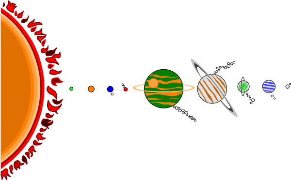 The image shows a digital illustration of an outer space scene with planets orbiting around a central sun, depicted as a red circle at the bottom center; there is also a depiction of Earth in blue-green tones on one side and what appears to be Jupiter's moons or rings encircled by its planetary body. The background features stars against space with various celestial bodies such as planets, comets, asteroids, and the sun at different distances from each other; there is a depiction of Earth in blue-green tones on one side and