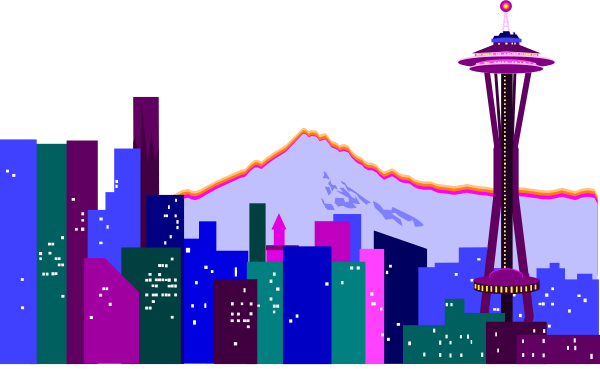 The image shows a pixelated cityscape with skyscrapers at night featuring neon lights against dark skies; in front of this is an iconic Space Needle landmark illuminated by purple light, and beyond it stands Mount Rainier under clearer blue-gray evening or early morning conditions.