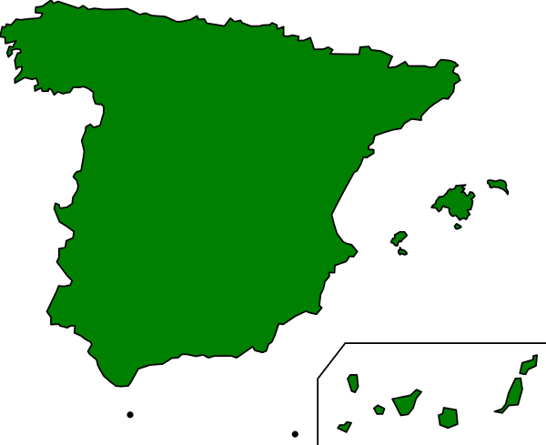The map shows a green area with black borders representing Spain on it.