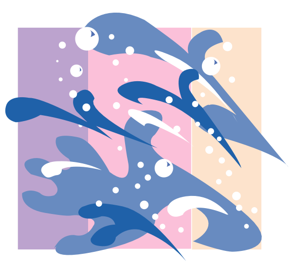 The image shows a colorful abstract design with flowing lines that resemble water waves on either side of what appears to be an open window frame in shades of pink, blue, green, yellow, red, white and black.