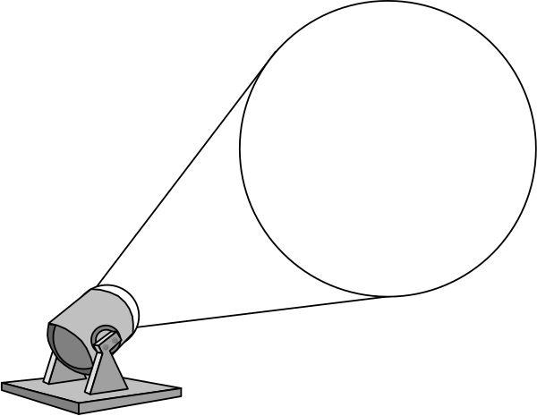The black and white cartoon shows two projectors with their lamps on, casting light onto a blank screen that has an oval shape in its center.