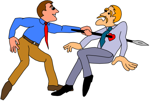 The cartoon shows two men standing on a black background; both have exaggerated facial expressions: One man is pointing with his right hand while holding up an index finger of his left hand as if to emphasize something, and he has glasses perched atop his head. He's wearing blue pants and appears surprised or shocked by the other character. The second man looks like a caricature of Donald Trump; he wears a suit with no tie, is balding on top but not entirely so, sports an orange complexion, and holds up two fingers in what could be interpreted as