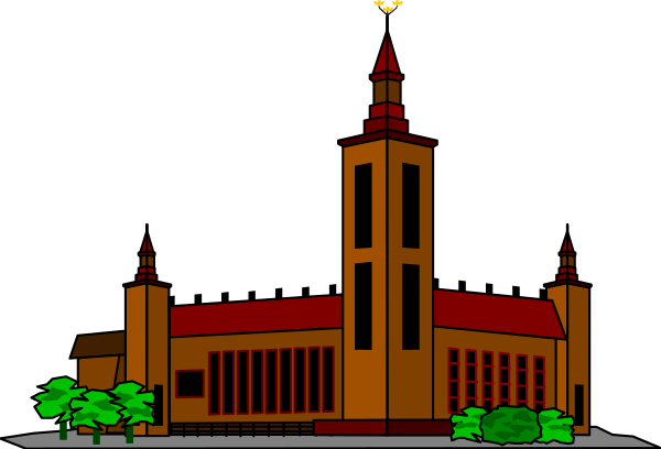 The image shows a stylized depiction of an old church at night with its lights on against a dark sky background.