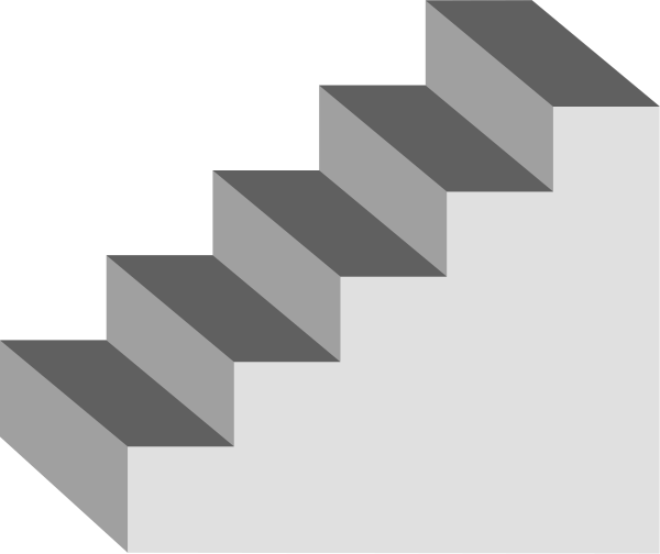 The image shows a simple black and white pixelated staircase with steps ascending from left to right against an abstract background that resembles stairs as well.