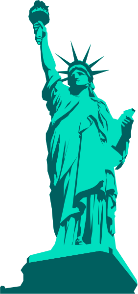 The Statue of Liberty stands tall against a blue sky background with clouds on either side.