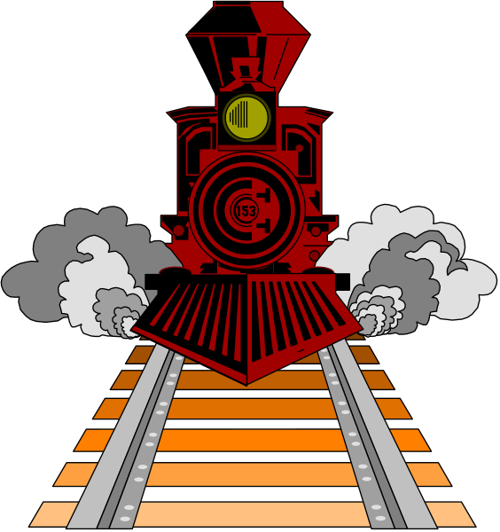 The illustration shows a red train engine with an orange light on top traveling down tracks next to some railroad ties that have been painted in different stripes of color: yellow, blue, green, pink, purple and white; there is also smoke coming from under the locomotive indicating motion or steam.