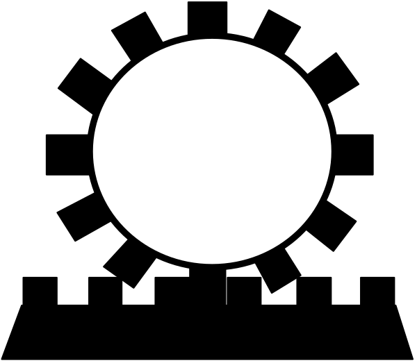 The image shows a black and white graphic of an abstract design with geometric shapes resembling gears within it; there is no text present in this clip-art image.